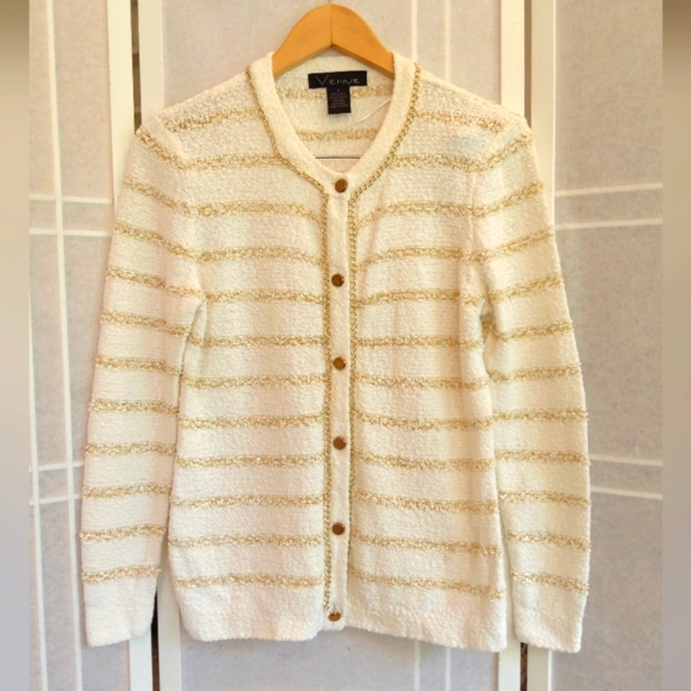 Venue Cream Gold Knit Striped Cardigan with Gold  Color Metal Chain